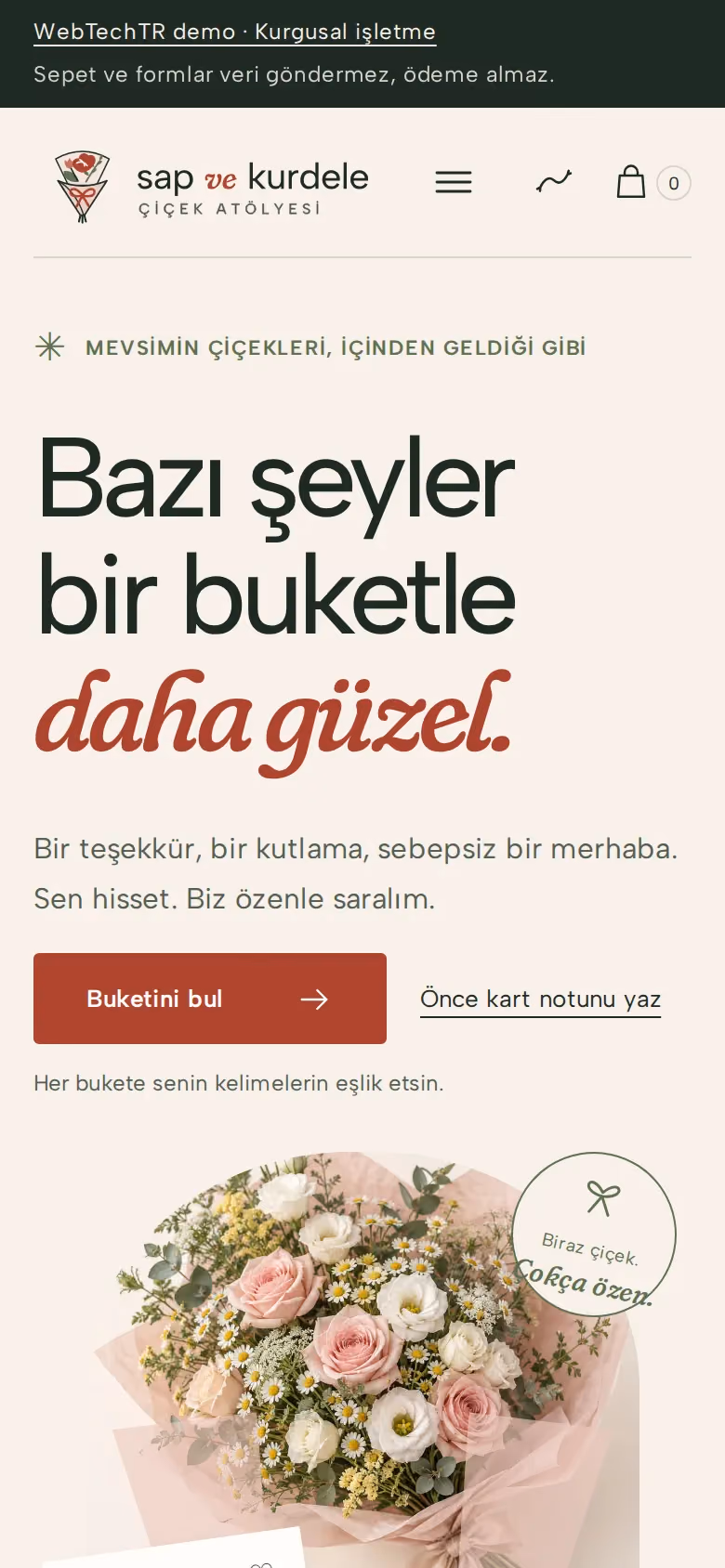 Sap ve Kurdele Çiçek tasarımının telefon görünümü (E-ticaret)