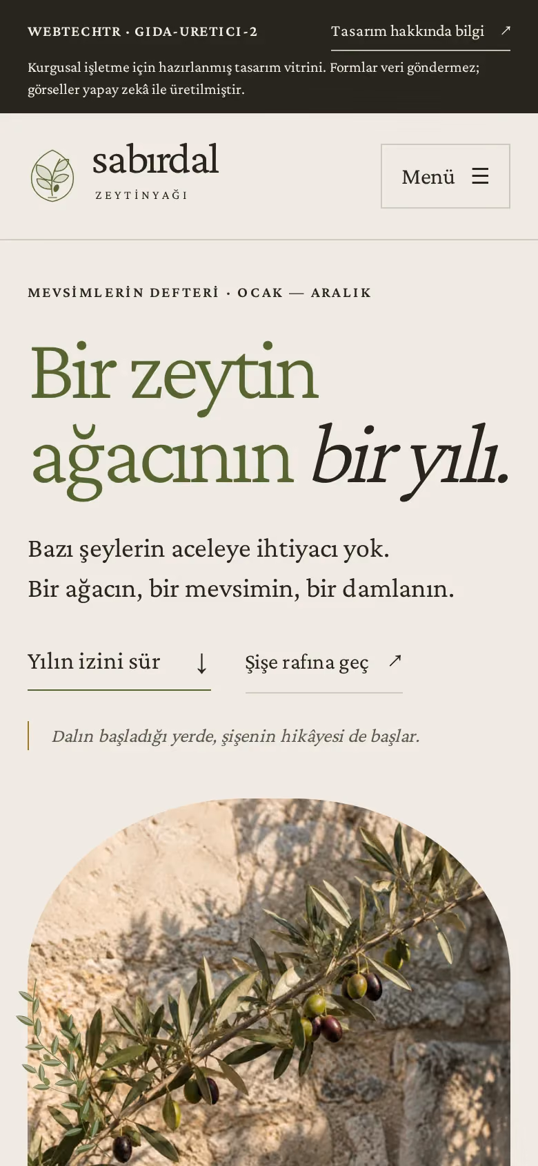 Sabırdal Zeytinyağı tasarımının telefon görünümü (Gıda üreticisi)