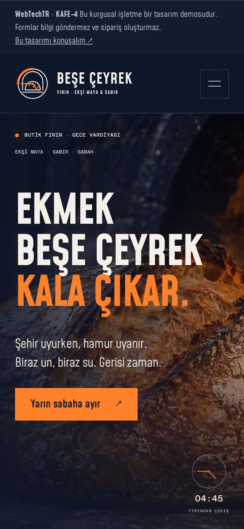 Beşe Çeyrek Fırın tasarımının telefon görünümü (Kafe ve pastane)