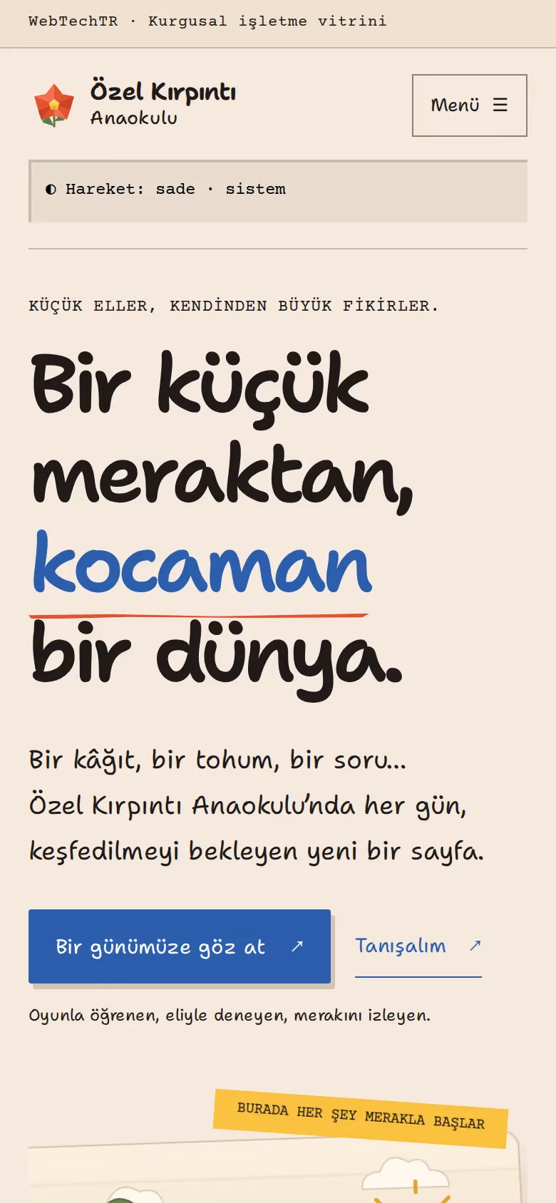 Kırpıntı Anaokulu tasarımının telefon görünümü (Özel okul)