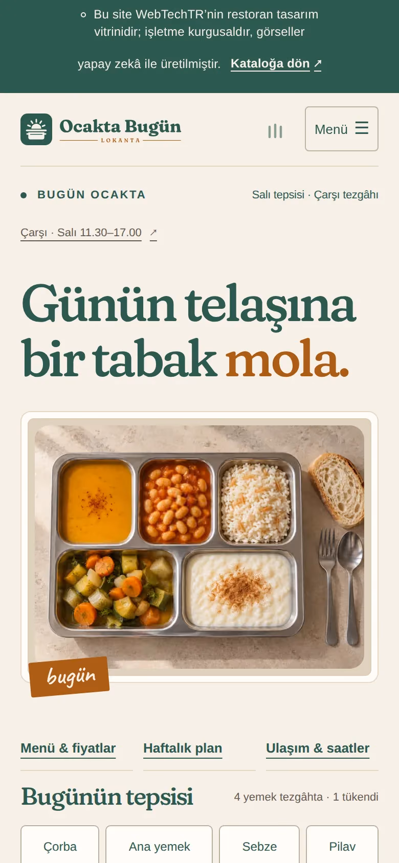 Ocakta Bugün Lokanta tasarımının telefon görünümü (Restoran)
