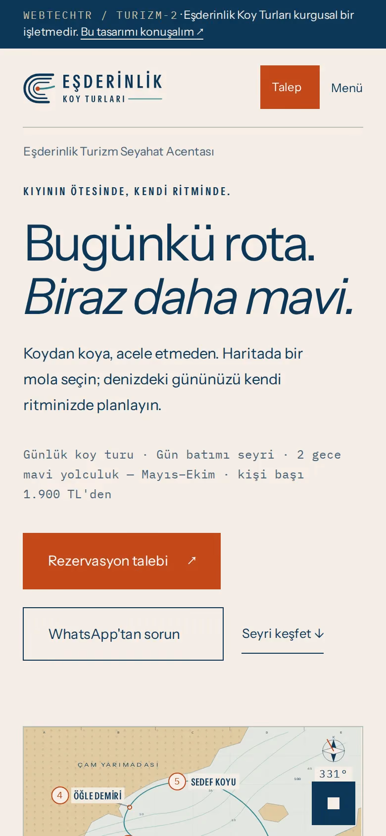 Eşderinlik Koy Turları tasarımının telefon görünümü (Turizm)